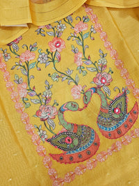 Chanderi Unstitched Salwar -  Mango Yellow with Peach