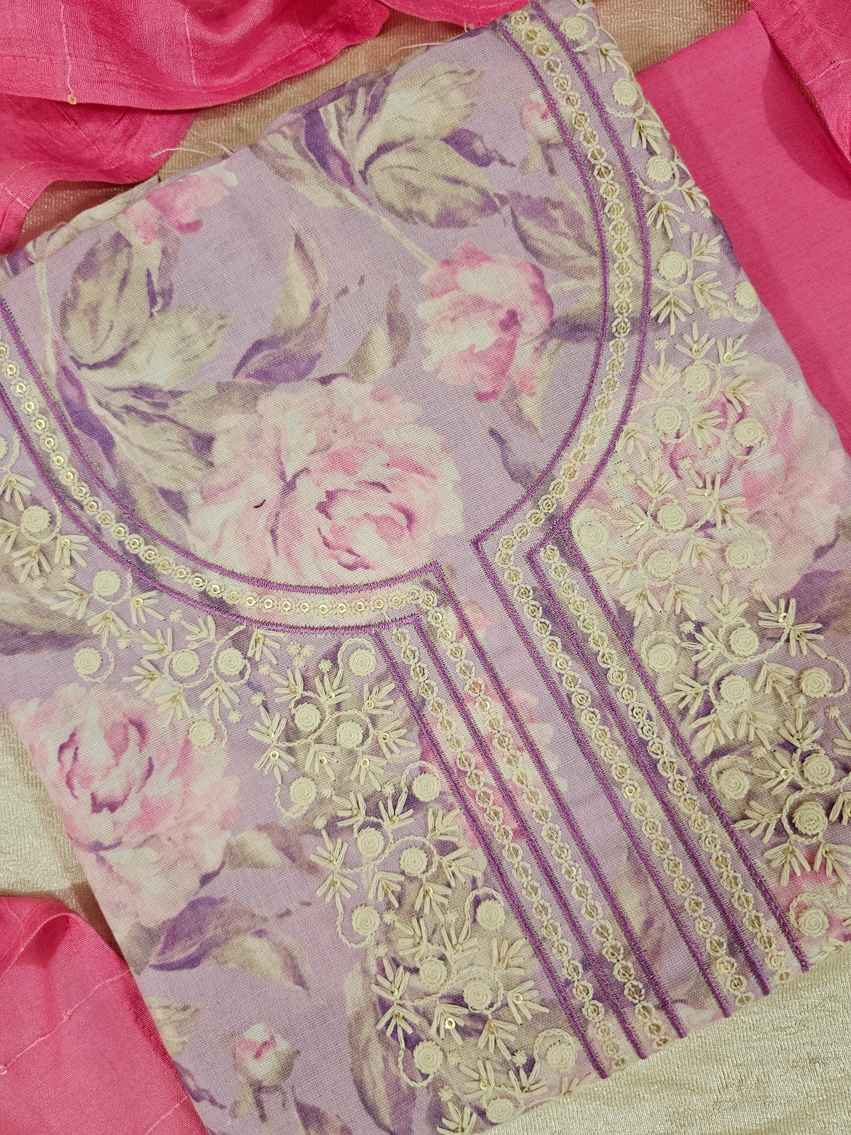 Cotton Unstitched Salwar - Lavender with Pink