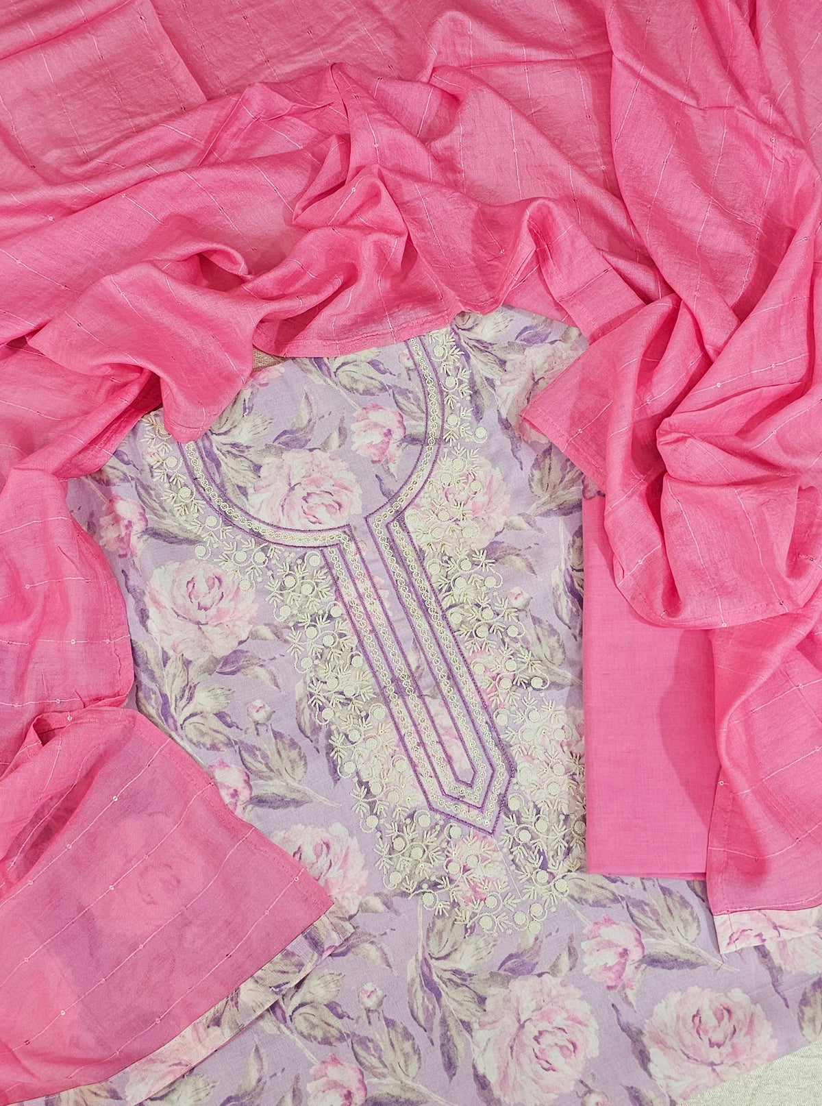 Cotton Unstitched Salwar - Lavender with Pink