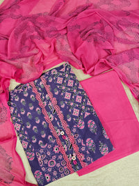 Soft Cotton Unstitched Salwar - Purple with Pink