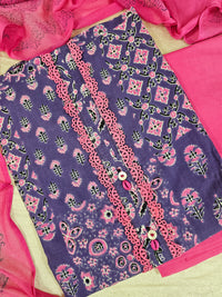 Soft Cotton Unstitched Salwar - Purple with Pink
