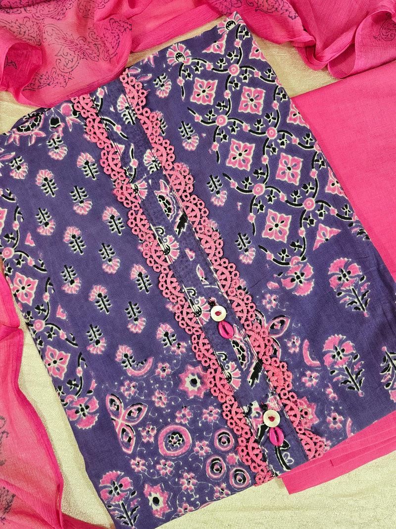 Soft Cotton Unstitched Salwar - Purple with Pink