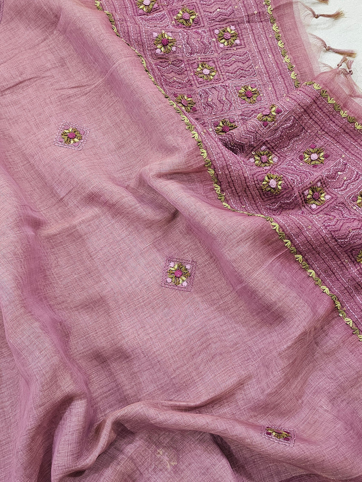 Linen Tissue with French Knot Work - Pink