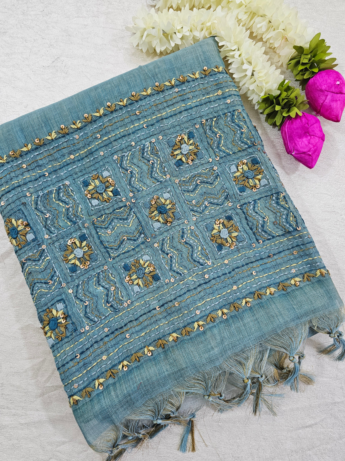 Linen Tissue with French Knot Work - Blue