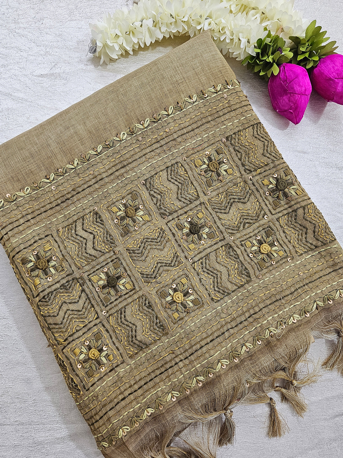Linen Tissue with French Knot Work - Mehndi Green