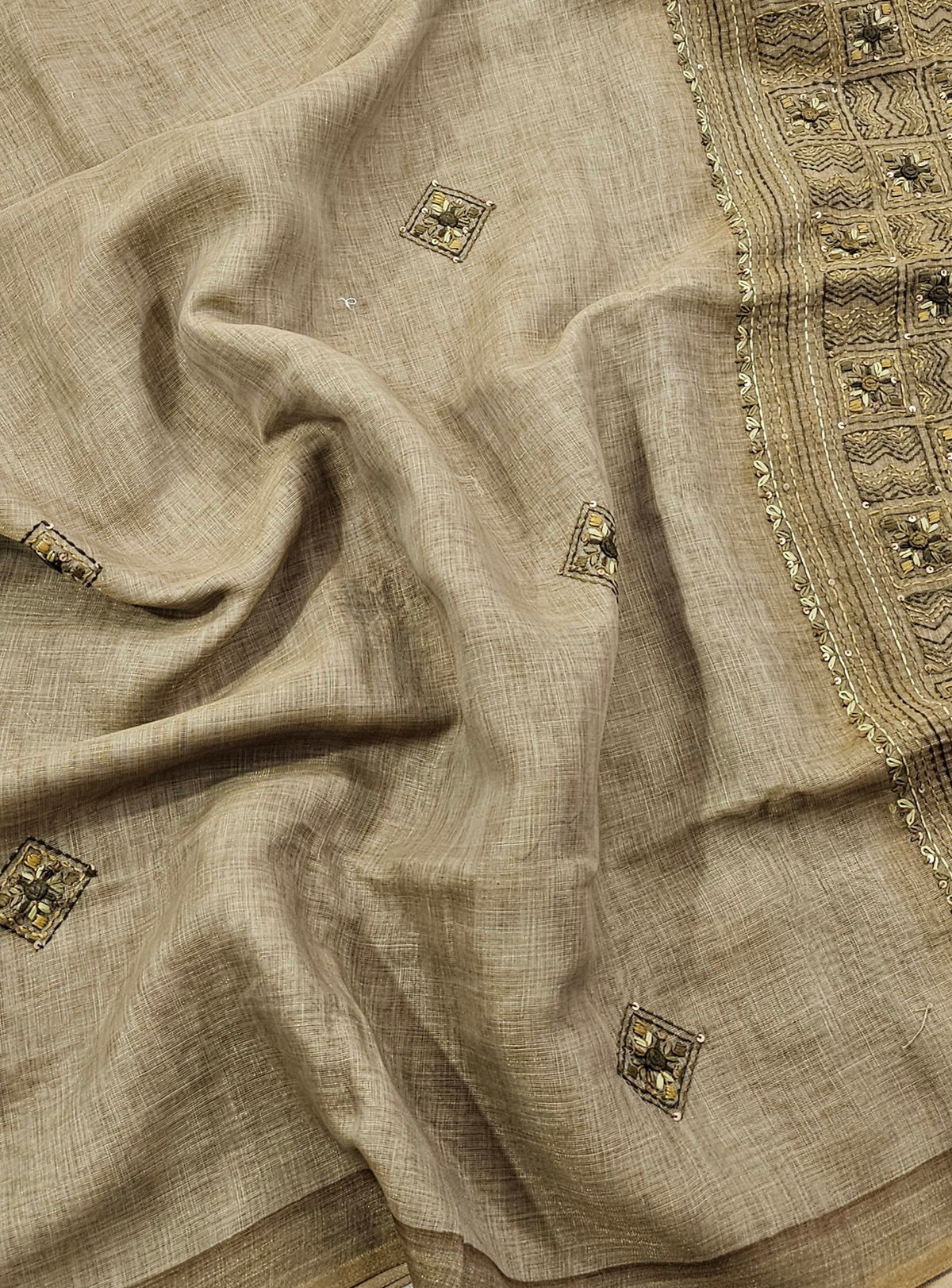 Linen Tissue with French Knot Work - Mehndi Green