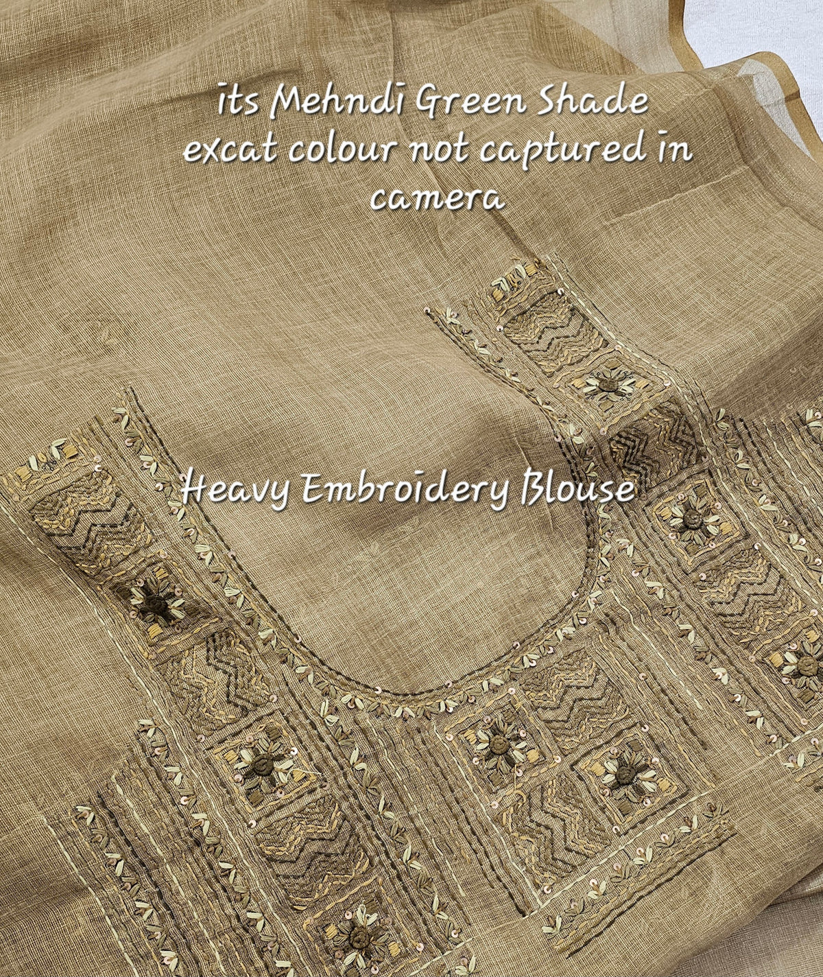 Linen Tissue with French Knot Work - Mehndi Green