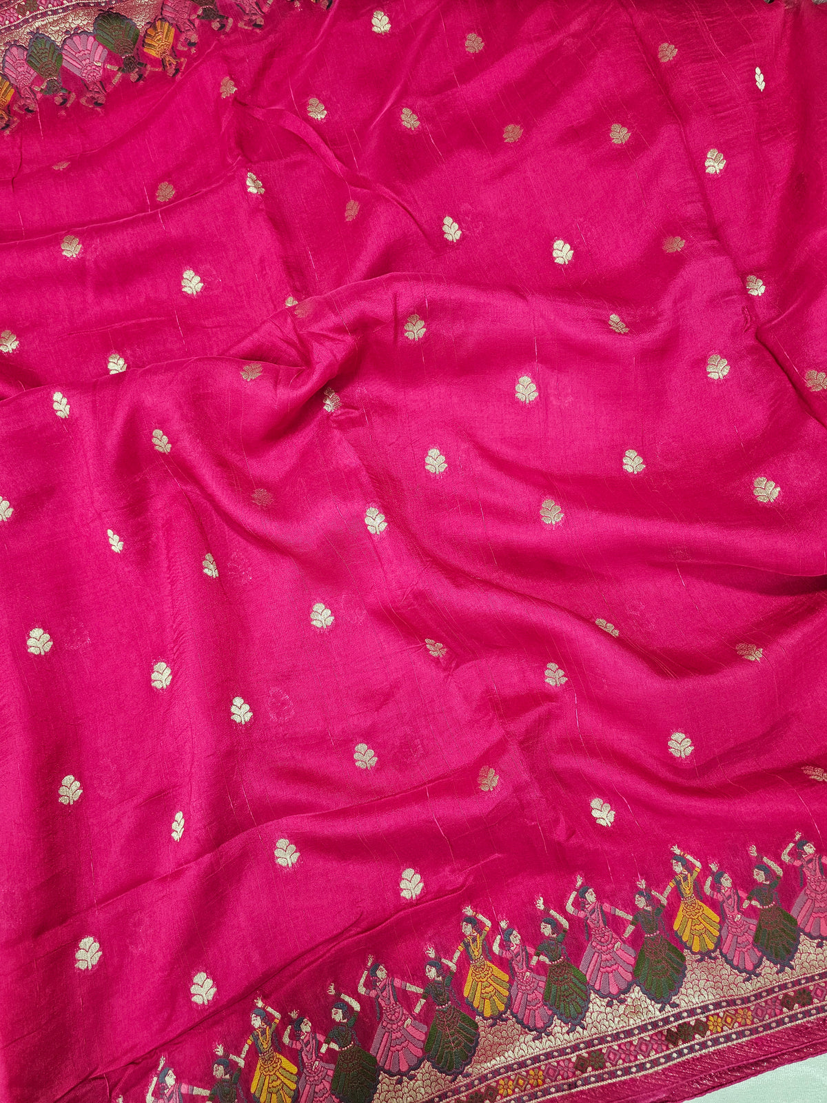 Premium Jute Blend Tussar with Paithani Weaving Border - Pink