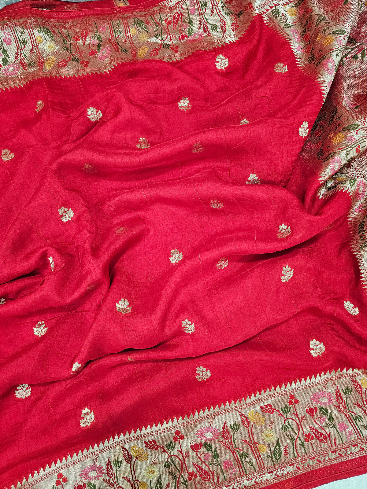 Premium Jute Blend Tussar with Paithani Weaving Border - Red