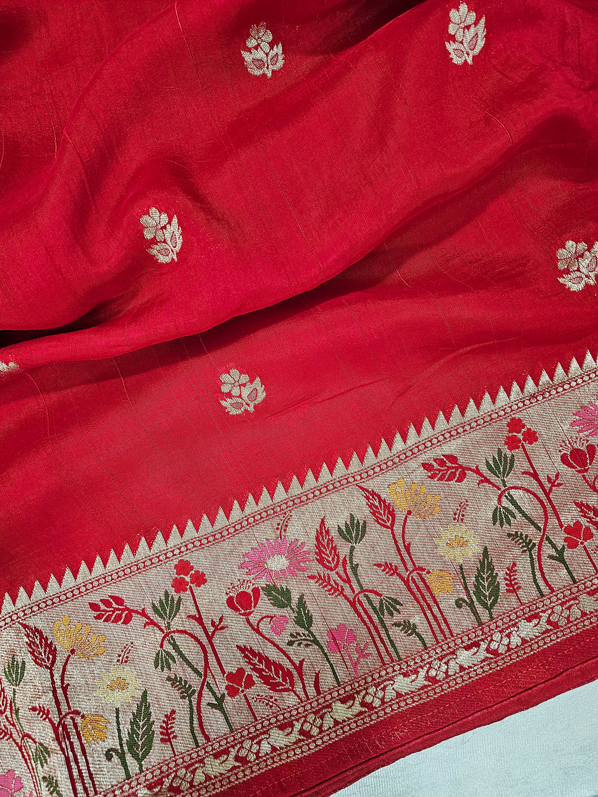 Premium Jute Blend Tussar with Paithani Weaving Border - Red