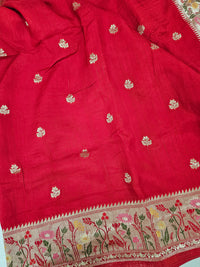 Premium Jute Blend Tussar with Paithani Weaving Border - Red