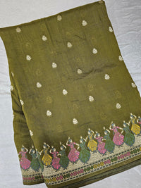 Premium Jute Blend Tussar with Paithani Weaving Border - Mehndi Green