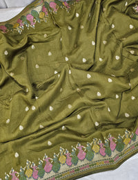 Premium Jute Blend Tussar with Paithani Weaving Border - Mehndi Green