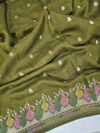 Premium Jute Blend Tussar with Paithani Weaving Border - Mehndi Green