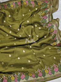 Premium Jute Blend Tussar with Paithani Weaving Border - Mehndi Green