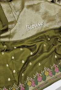 Premium Jute Blend Tussar with Paithani Weaving Border - Mehndi Green