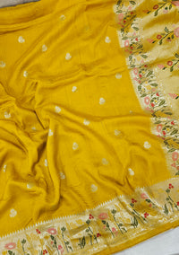 Premium Jute Blend Tussar with Paithani Weaving Border - Yellow