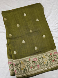 Premium Jute Blend Tussar with Paithani Weaving Border - Mehndi Green