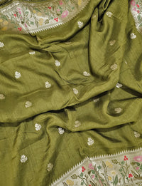 Premium Jute Blend Tussar with Paithani Weaving Border - Mehndi Green