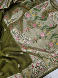 Premium Jute Blend Tussar with Paithani Weaving Border - Mehndi Green