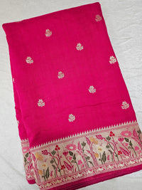 Premium Jute Blend Tussar with Paithani Weaving Border - Pink