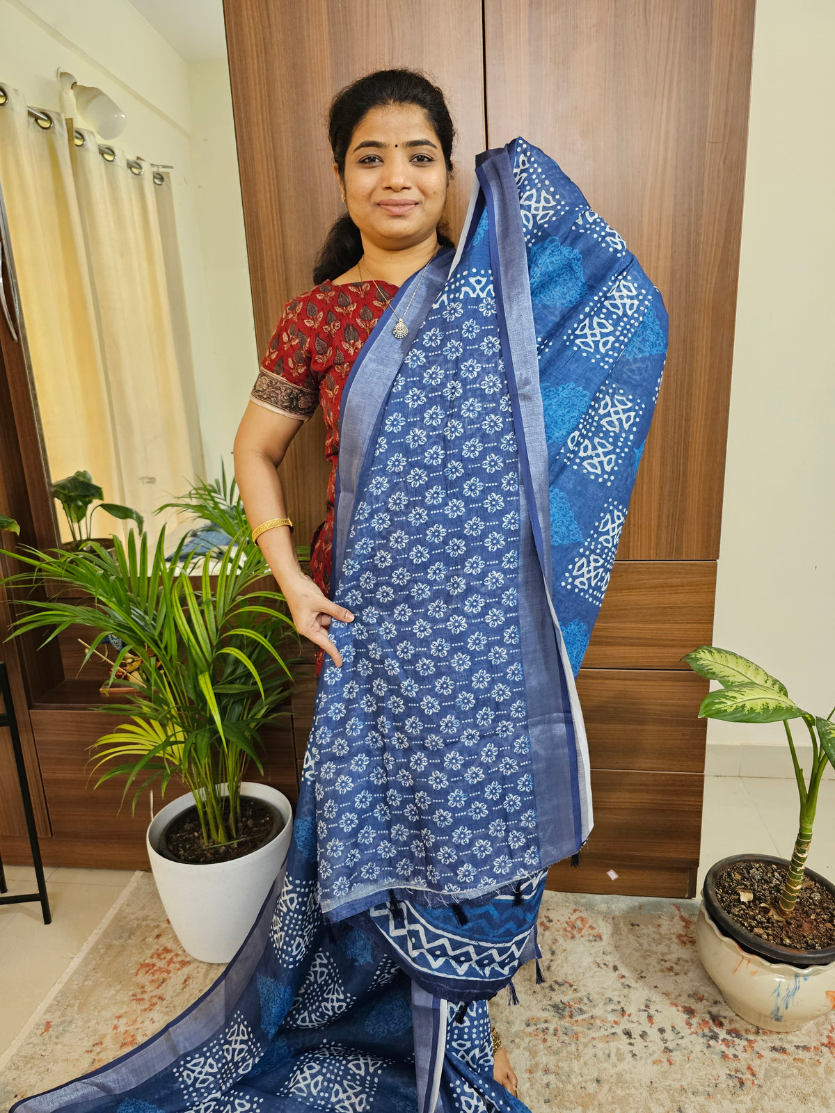 Indigo Linen Cotton with Digital Printed Sarees