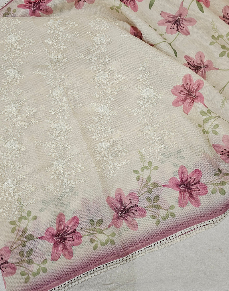 Soft Kota Sarees - Cream with Pink