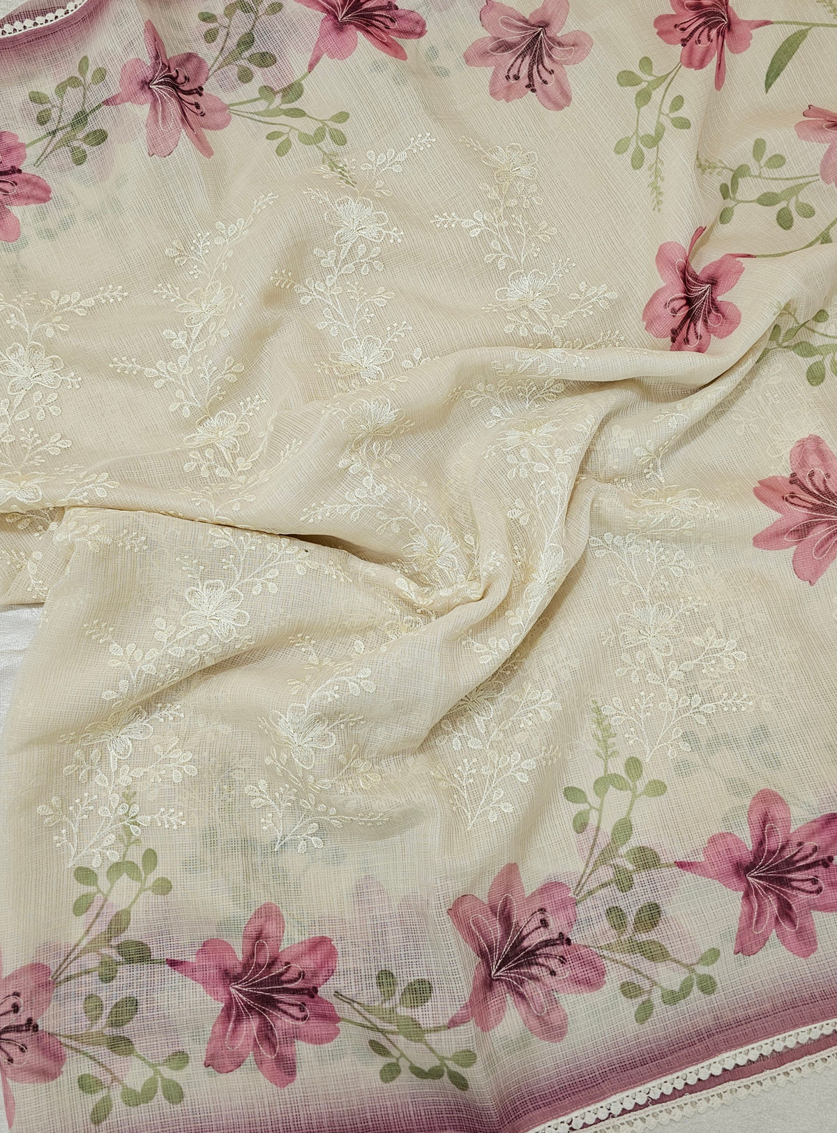 Soft Kota Sarees - Cream with Pink