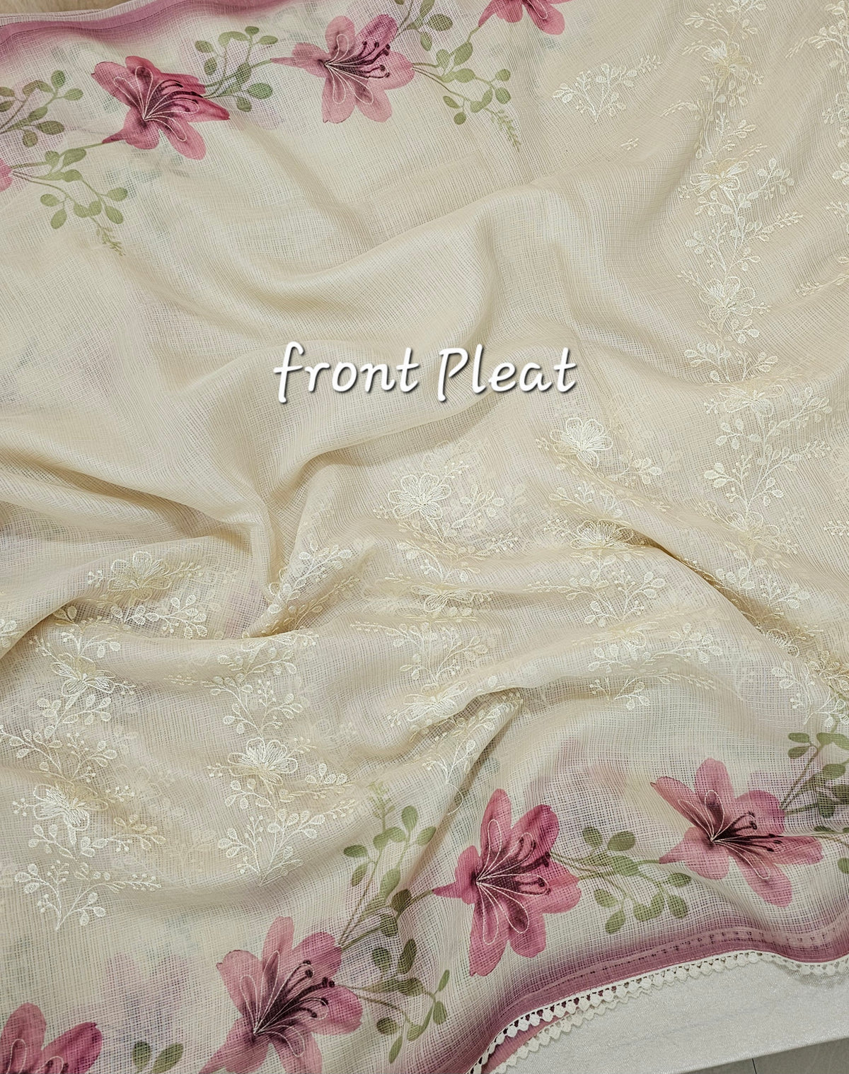Soft Kota Sarees - Cream with Pink