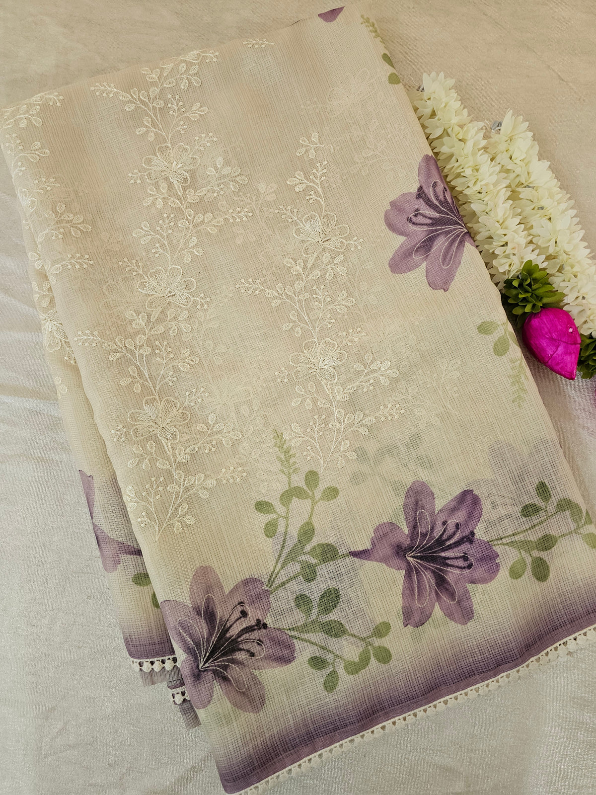 Soft Kota Sarees - Cream with Purple