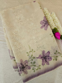 Soft Kota Sarees - Cream with Purple