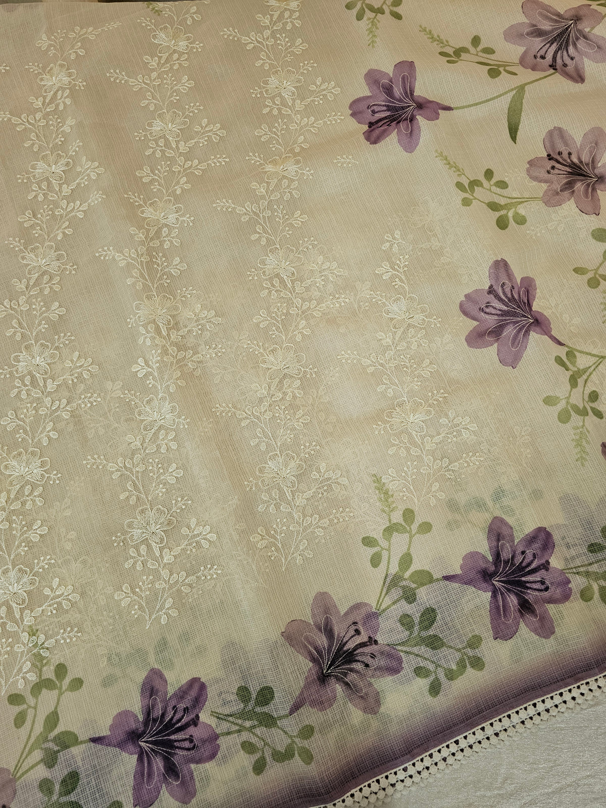 Soft Kota Sarees - Cream with Purple