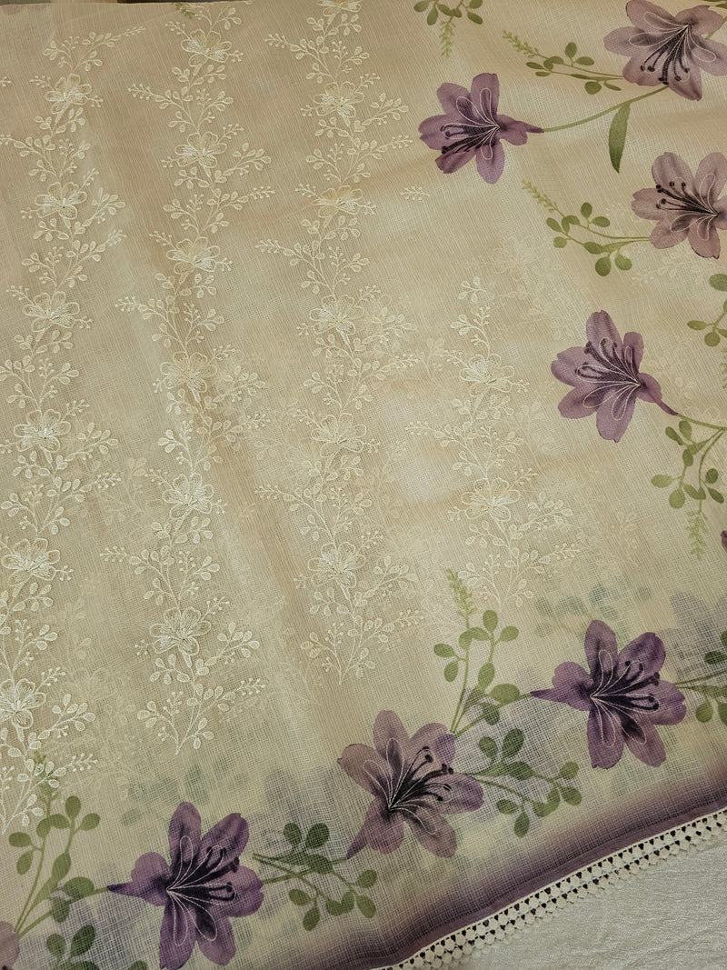 Soft Kota Sarees - Cream with Purple