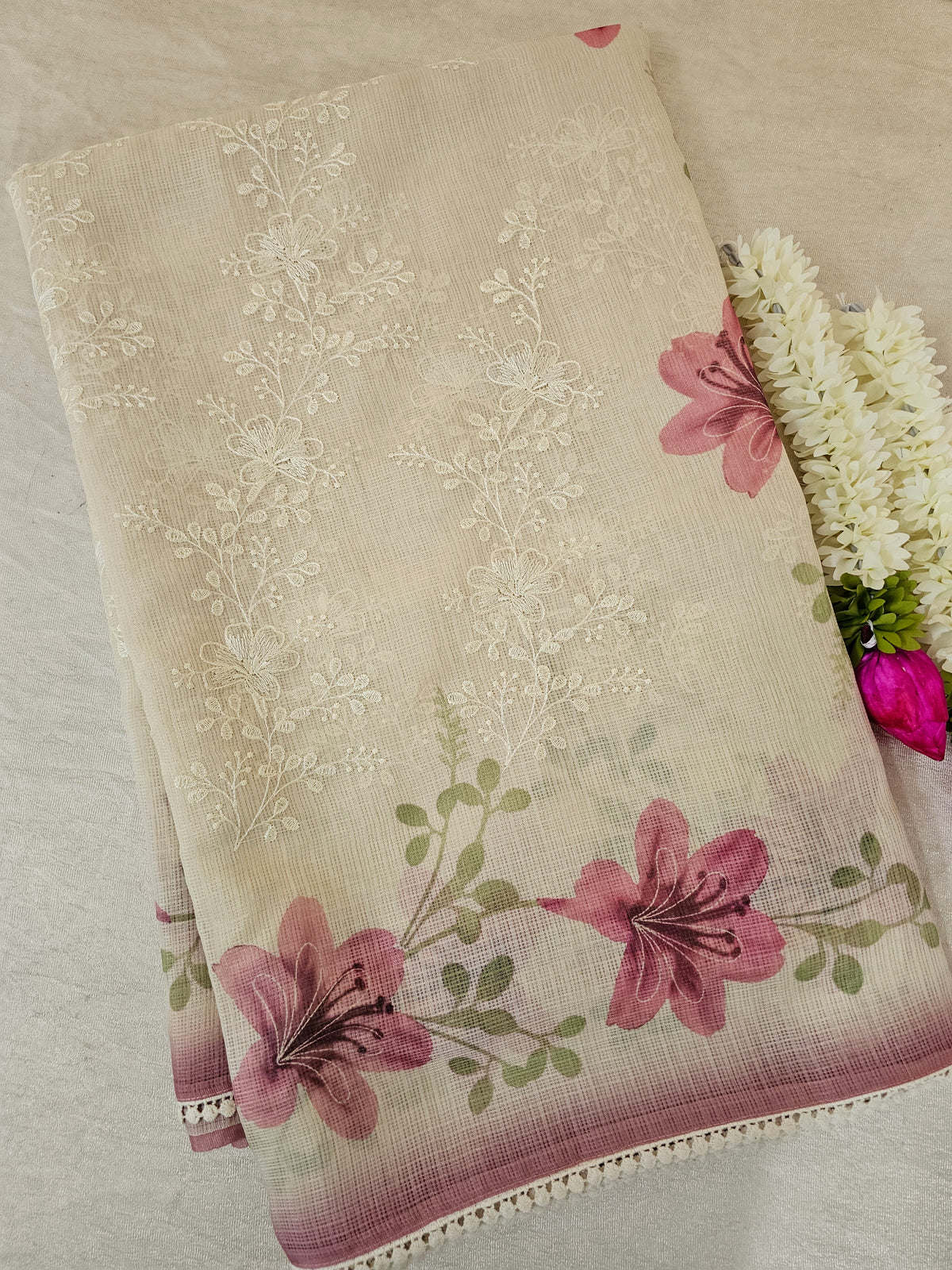 Soft Kota Sarees - Cream with Pink