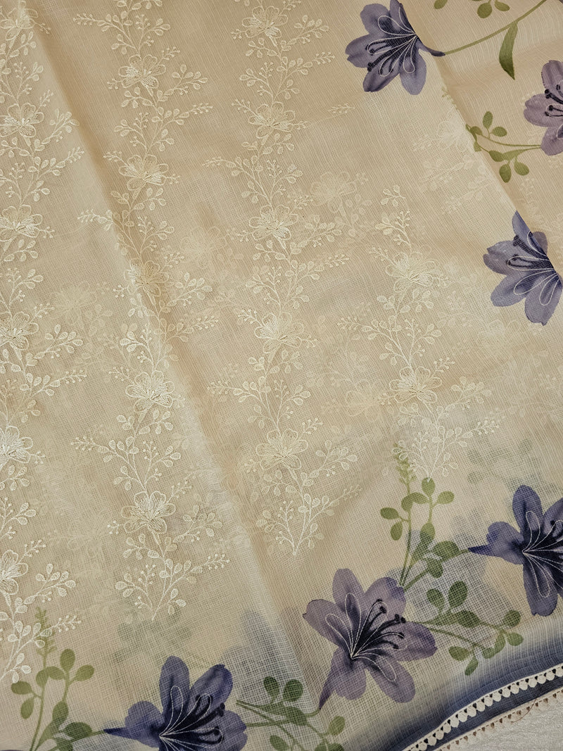 Soft Kota Sarees - Cream with Blue