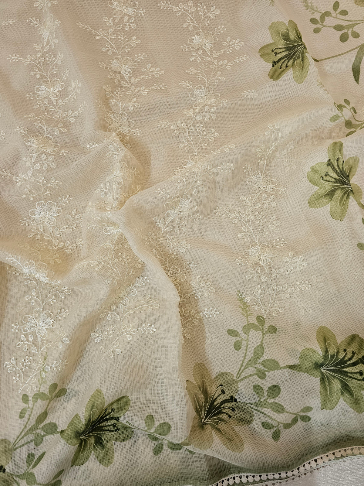 Soft Kota Sarees - Cream with Green