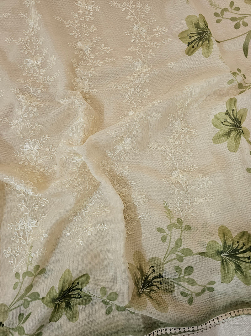 Soft Kota Sarees - Cream with Green