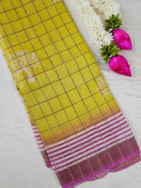 Pure Tussar Checks - Yellow with Pink