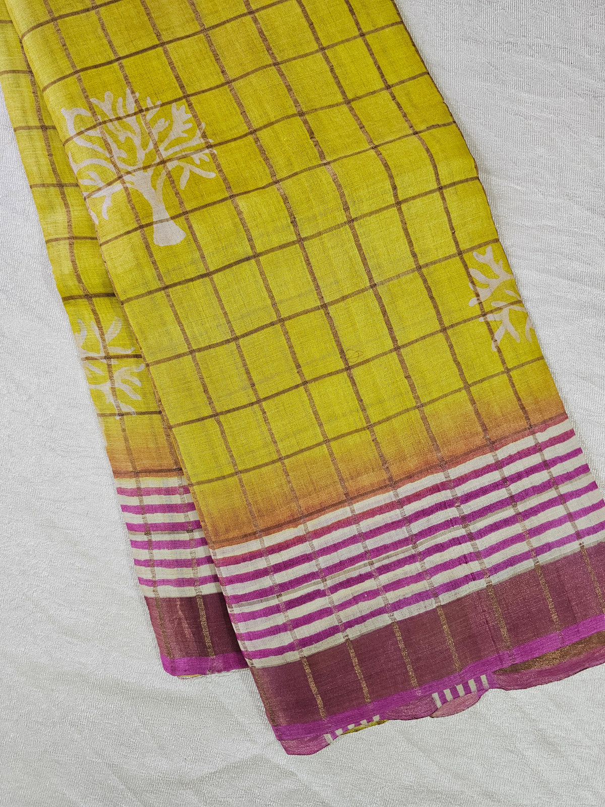 Pure Tussar Checks - Yellow with Pink