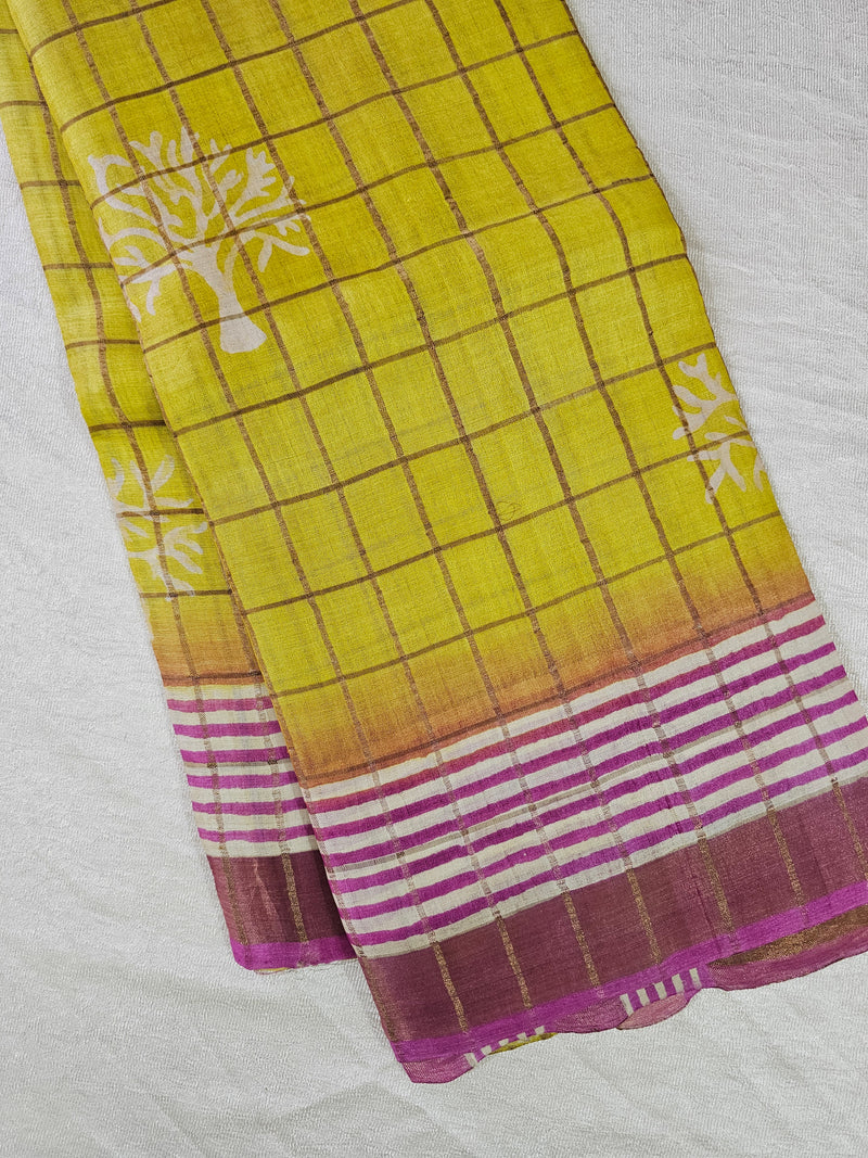 Pure Tussar Checks - Yellow with Pink