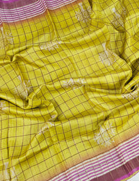 Pure Tussar Checks - Yellow with Pink