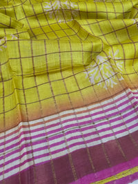 Pure Tussar Checks - Yellow with Pink