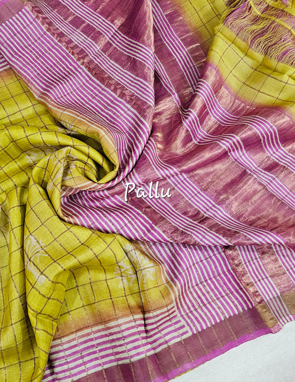 Pure Tussar Checks - Yellow with Pink