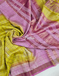 Pure Tussar Checks - Yellow with Pink
