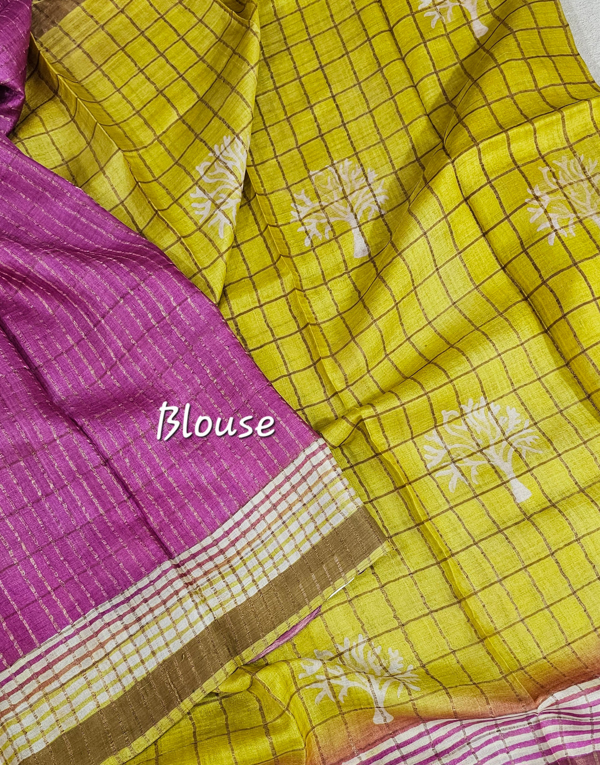 Pure Tussar Checks - Yellow with Pink