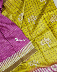 Pure Tussar Checks - Yellow with Pink