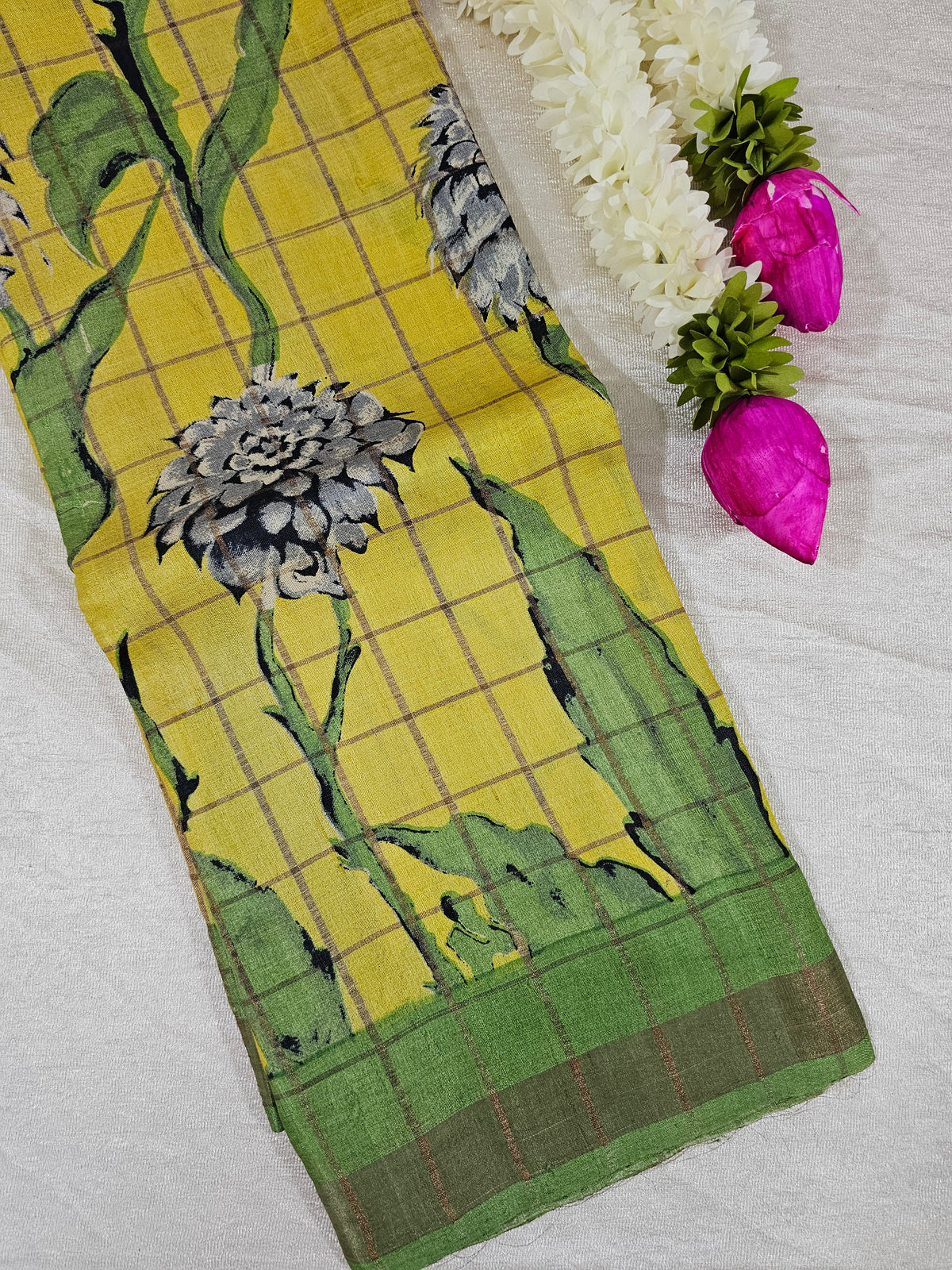 Pure Tussar Checks - Yellow with Green