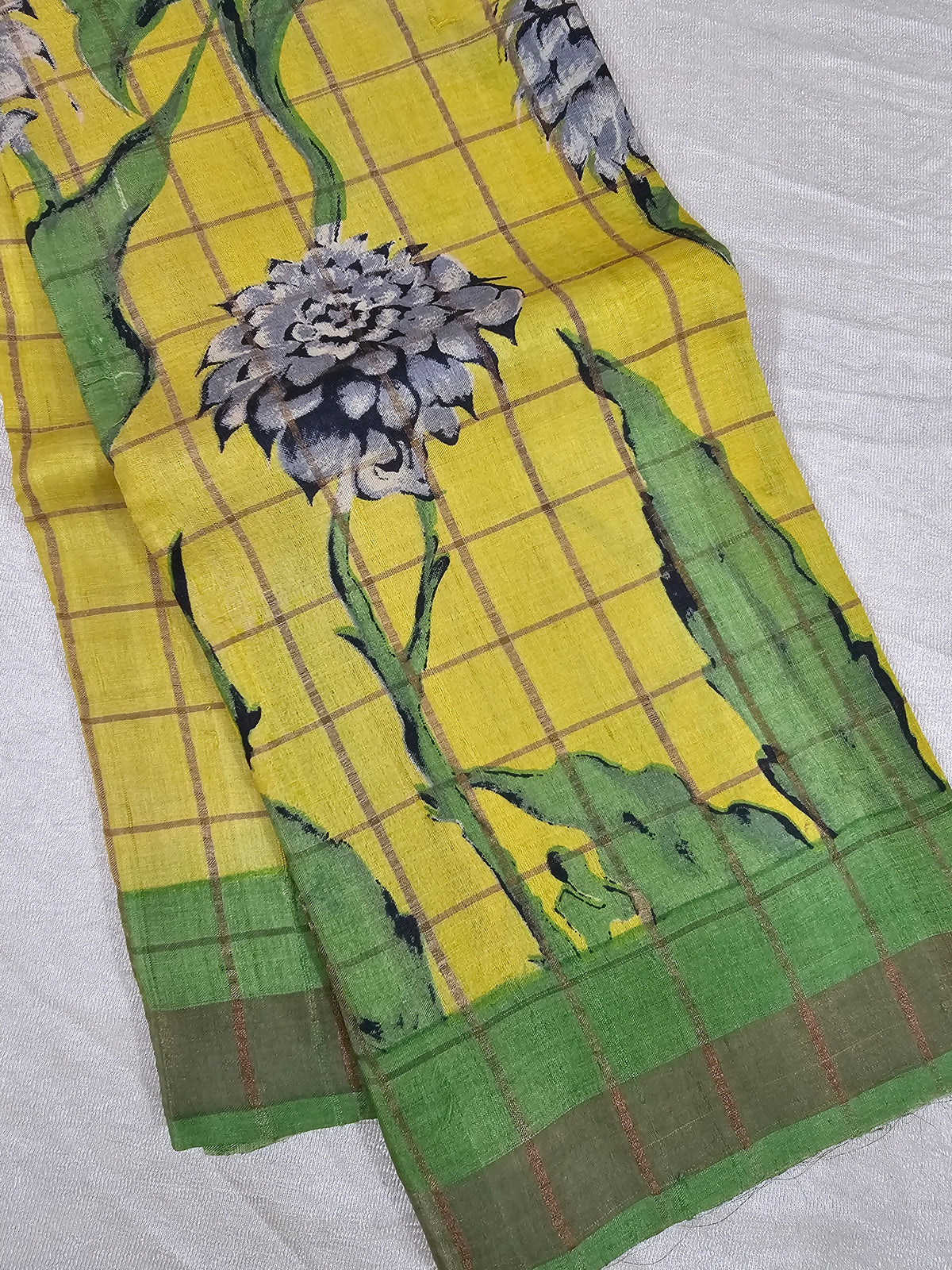 Pure Tussar Checks - Yellow with Green