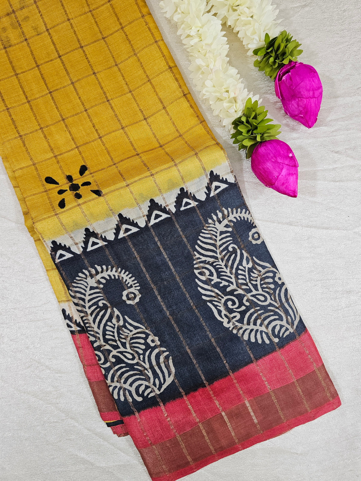 Pure Tussar Checks - Yellow with Red