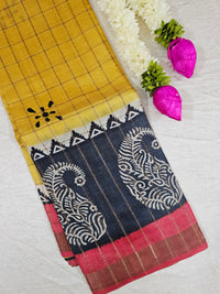 Pure Tussar Checks - Yellow with Red